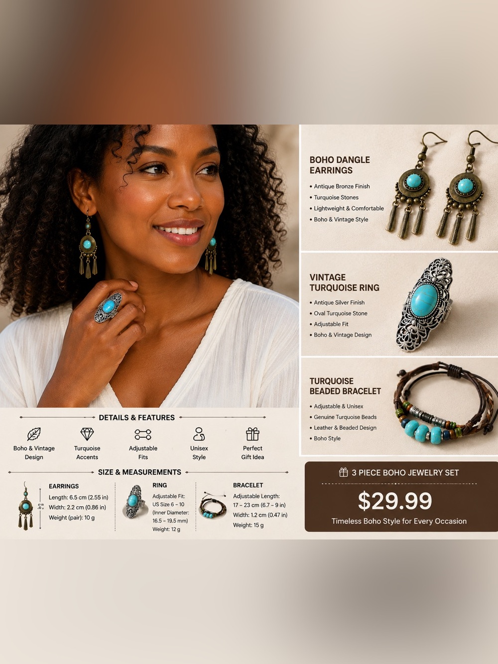 Boho Turquoise 3-Piece Jewelry Set — Earrings, Ring & Bracelet